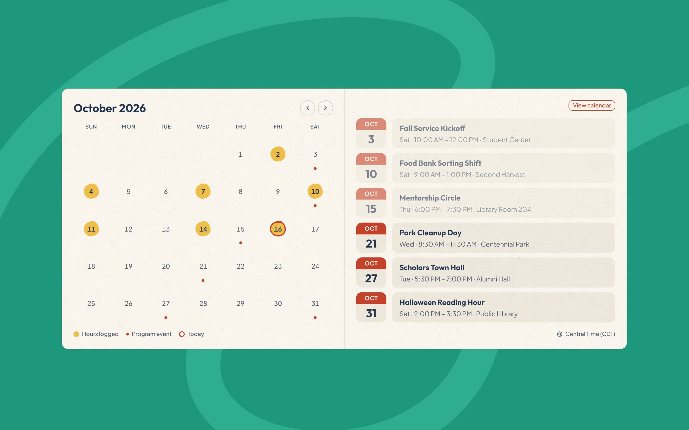 An October 2026 calendar on a green background, with days of logged service hours marked in yellow beside a list of upcoming events like a food bank shift and a park cleanup.