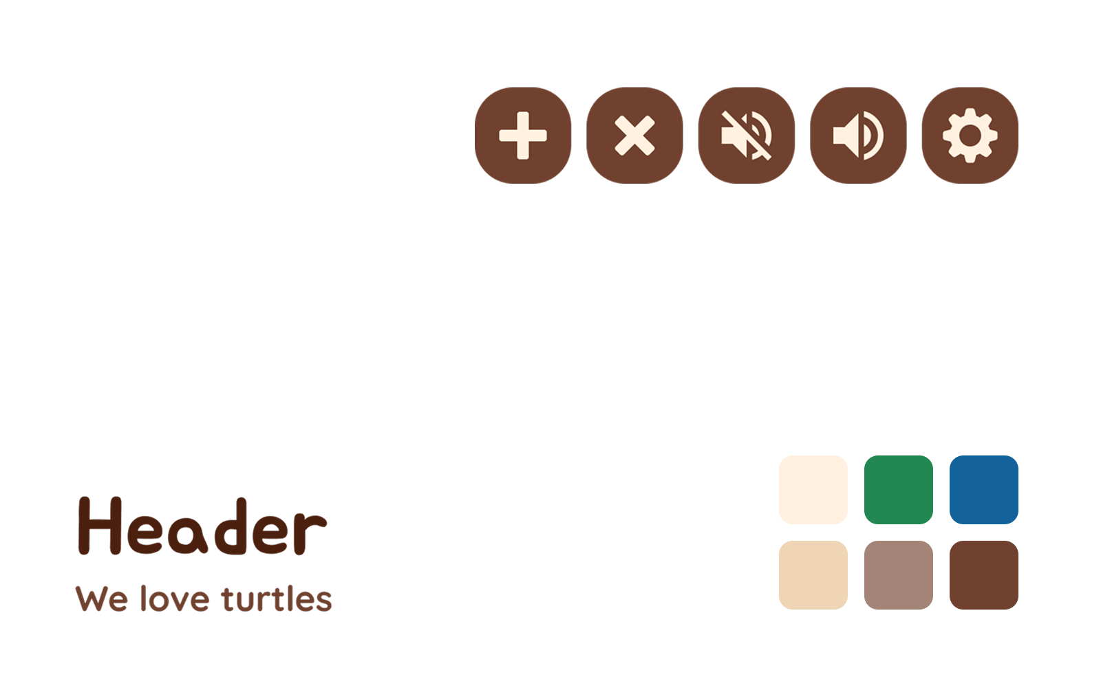 REED design system: rounded brown icon buttons for add, close, mute, sound and settings; a rounded “Header” type sample; and a palette of cream, green, blue, sand, taupe and brown swatches.