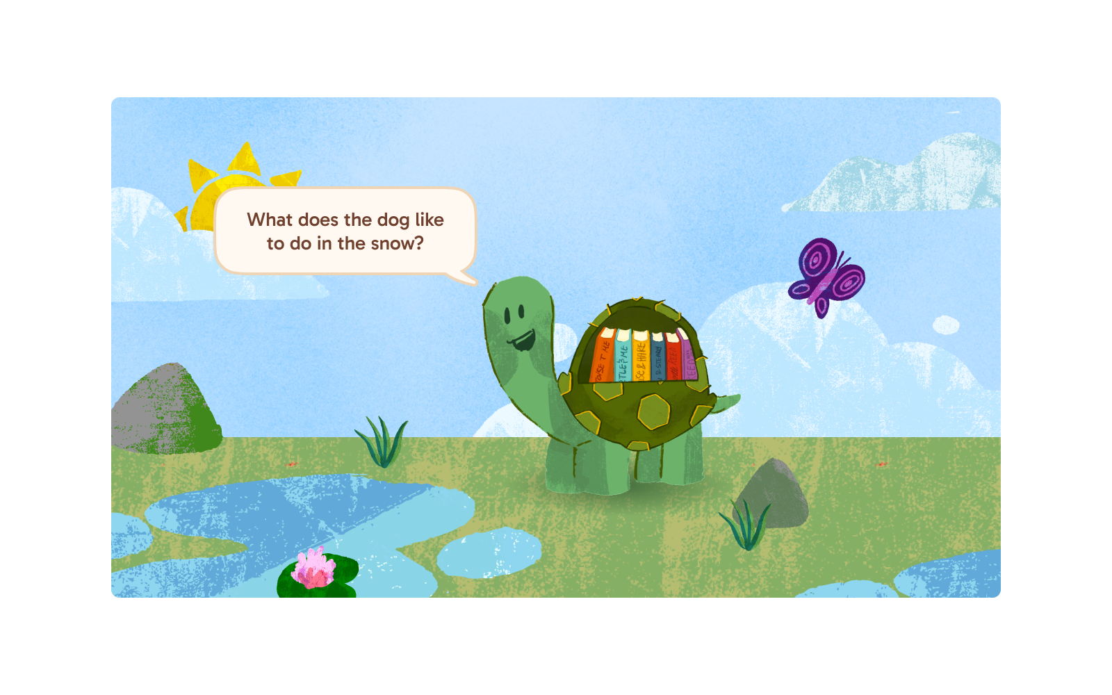 REED’s turtle mascot, with books on its shell, asks “What does the dog like to do in the snow?” in a speech bubble, standing in a sunny meadow by a pond.