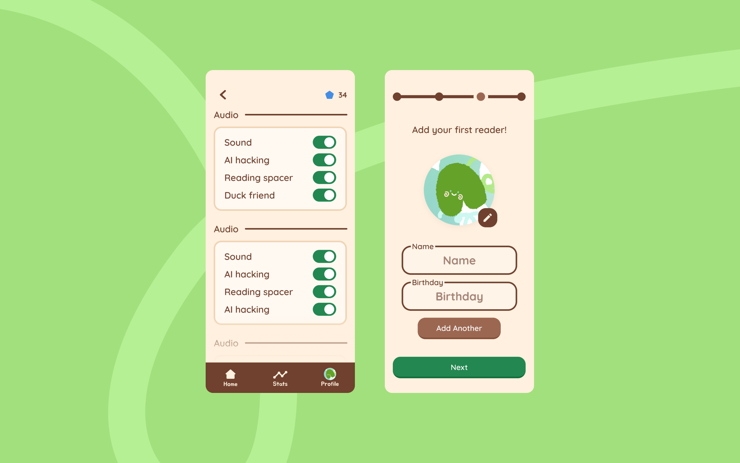Two REED app screens on a green background, a settings page with audio toggles and an onboarding step to add your first reader.
