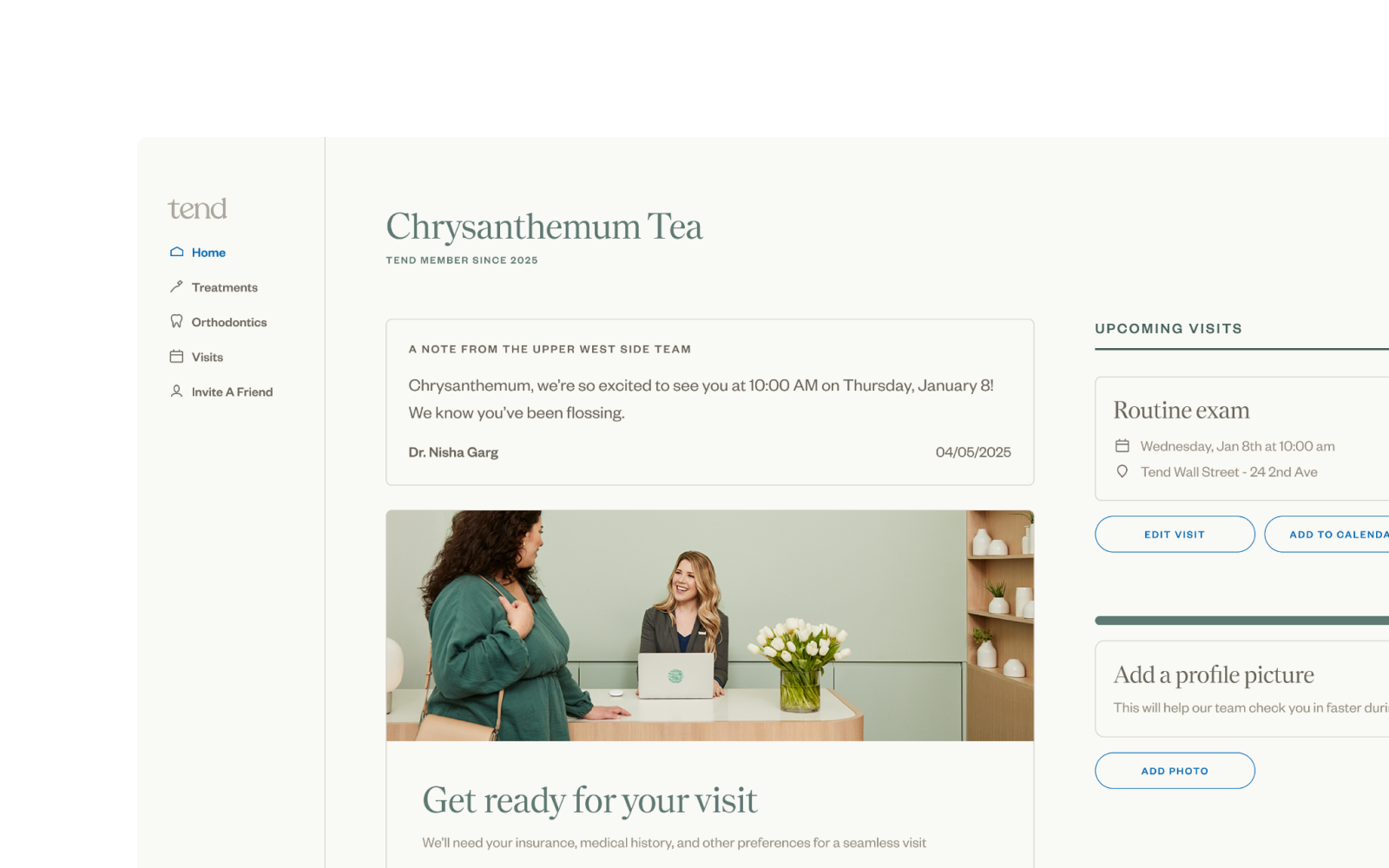 The patient dashboard with a vertical nav bar on the left listing Home, Treatments, Orthodontics, Visits and Invite a Friend, next to a note from the care team and upcoming visits.